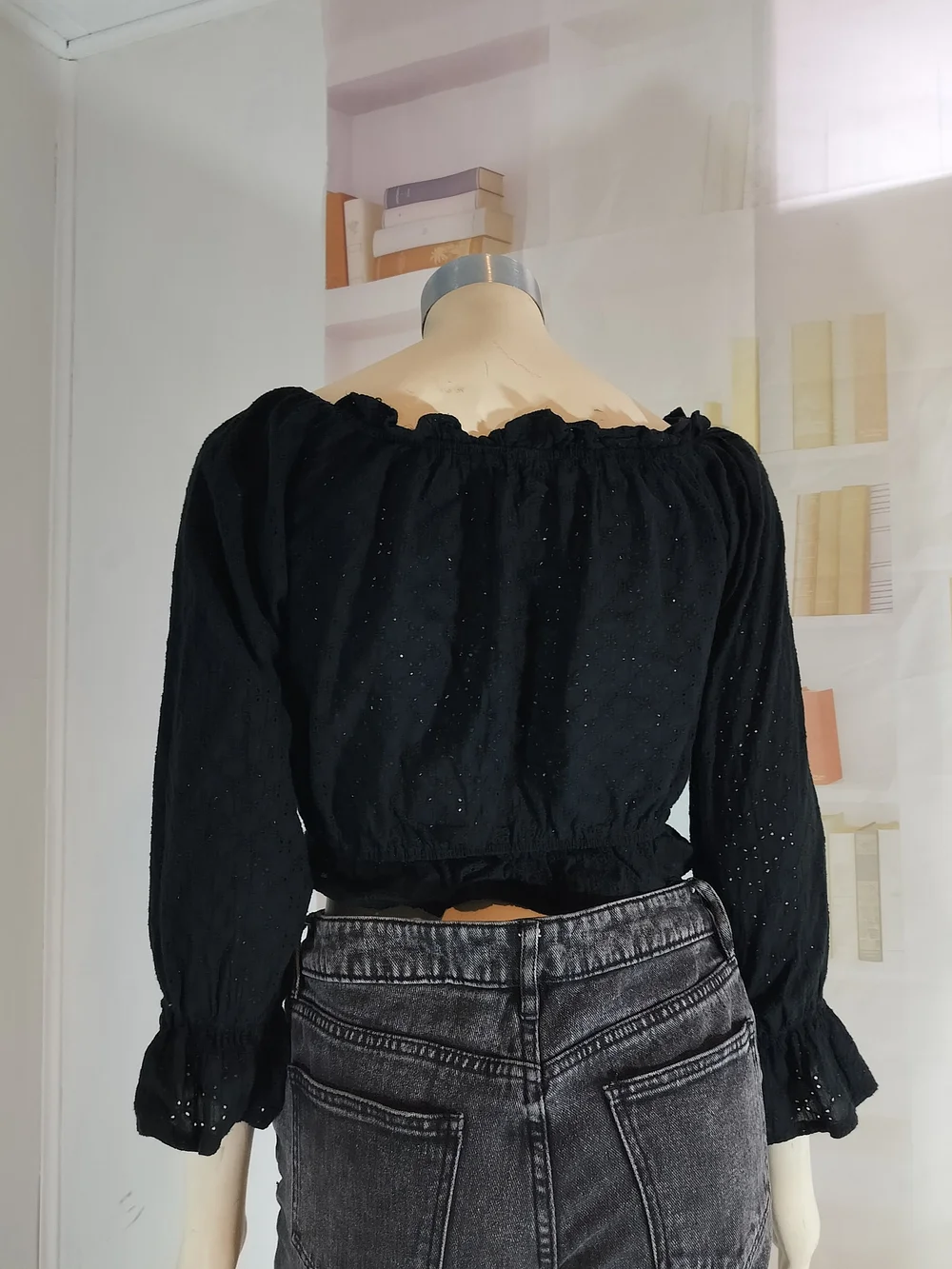 & Other Stories Black Eyelet Off-Shoulder Crop Top - Picture 1 of 4